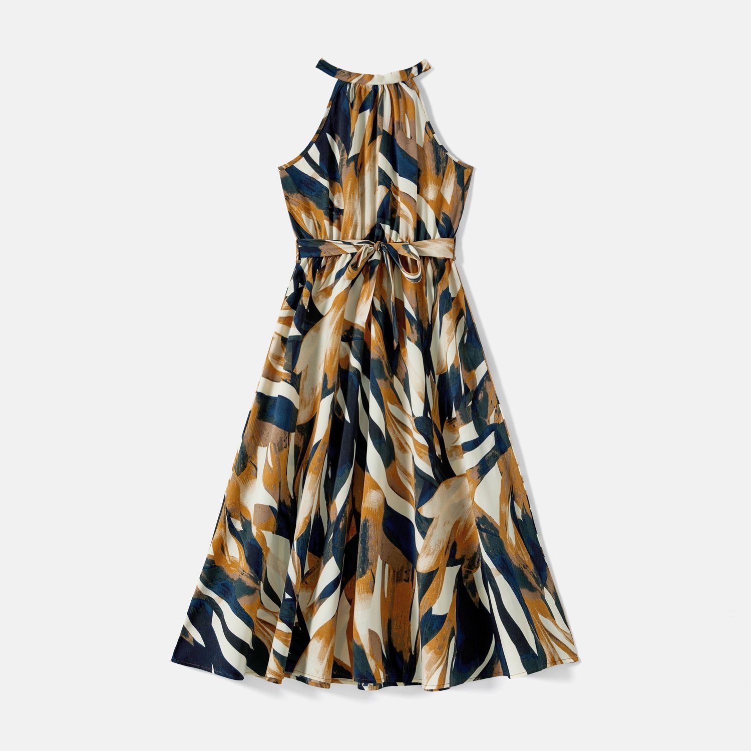 Family Matching Allover Geo Print Halter Belted Midi Dresses and Short-sleeve Colorblock T-shirts Sets - 20583205