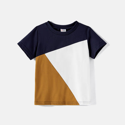 Family Matching Allover Geo Print Halter Belted Midi Dresses and Short-sleeve Colorblock T-shirts Sets - 20583205