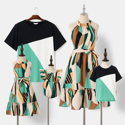 Family Matching Allover Geo Print Halter Neck Belted Dresses and Colorblock Short-sleeve T-shirts Sets - 20436136