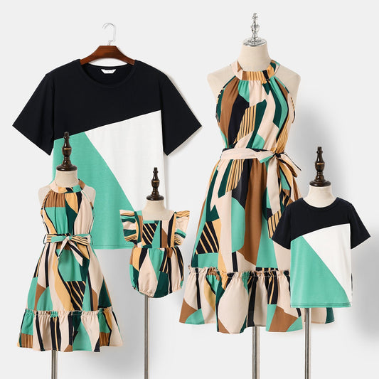 Family Matching Allover Geo Print Halter Neck Belted Dresses and Colorblock Short-sleeve T-shirts Sets - 20436136