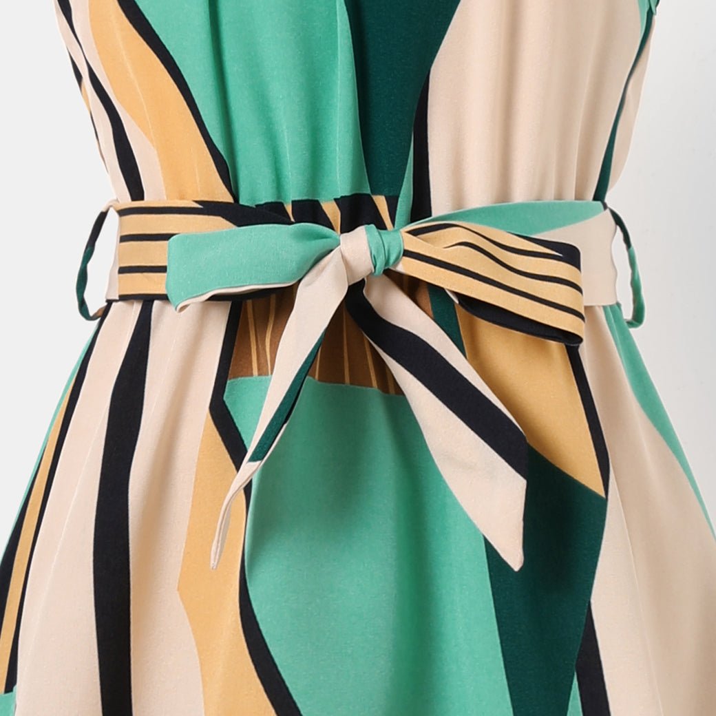 Family Matching Allover Geo Print Halter Neck Belted Dresses and Colorblock Short-sleeve T-shirts Sets - 20436136