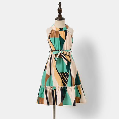 Family Matching Allover Geo Print Halter Neck Belted Dresses and Colorblock Short-sleeve T-shirts Sets - 20436136