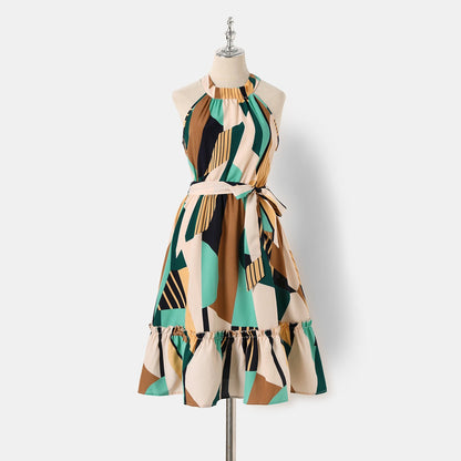 Family Matching Allover Geo Print Halter Neck Belted Dresses and Colorblock Short-sleeve T-shirts Sets - 20436136