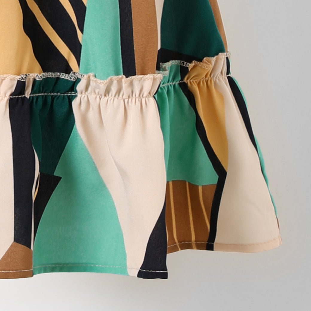 Family Matching Allover Geo Print Halter Neck Belted Dresses and Colorblock Short-sleeve T-shirts Sets - 20436136
