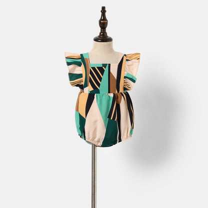 Family Matching Allover Geo Print Halter Neck Belted Dresses and Colorblock Short-sleeve T-shirts Sets - 20436136