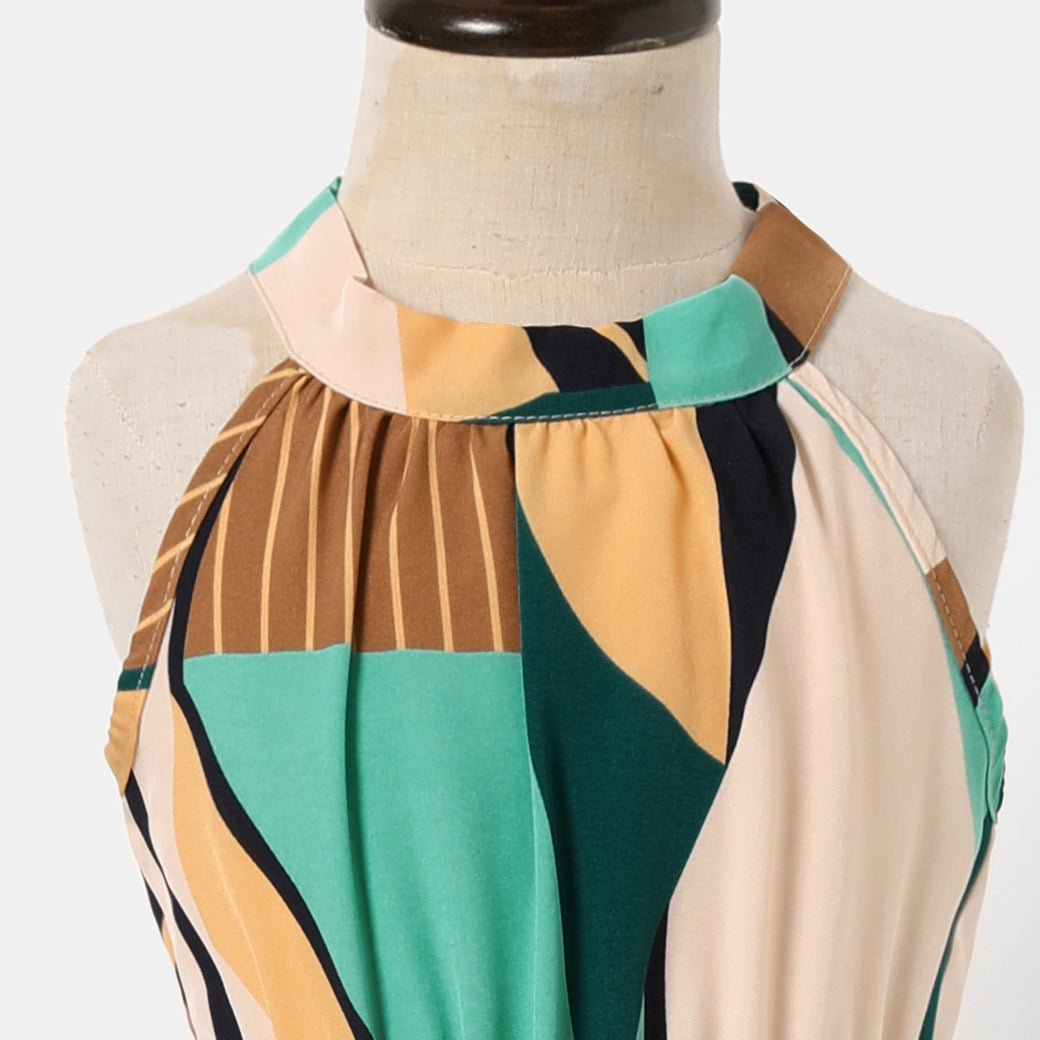 Family Matching Allover Geo Print Halter Neck Belted Dresses and Colorblock Short-sleeve T-shirts Sets - 20436136