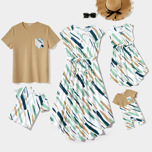 Family Matching Allover Geo Print Sleeveless Belted Dresses and Short-sleeve T-shirts Sets - 20464110