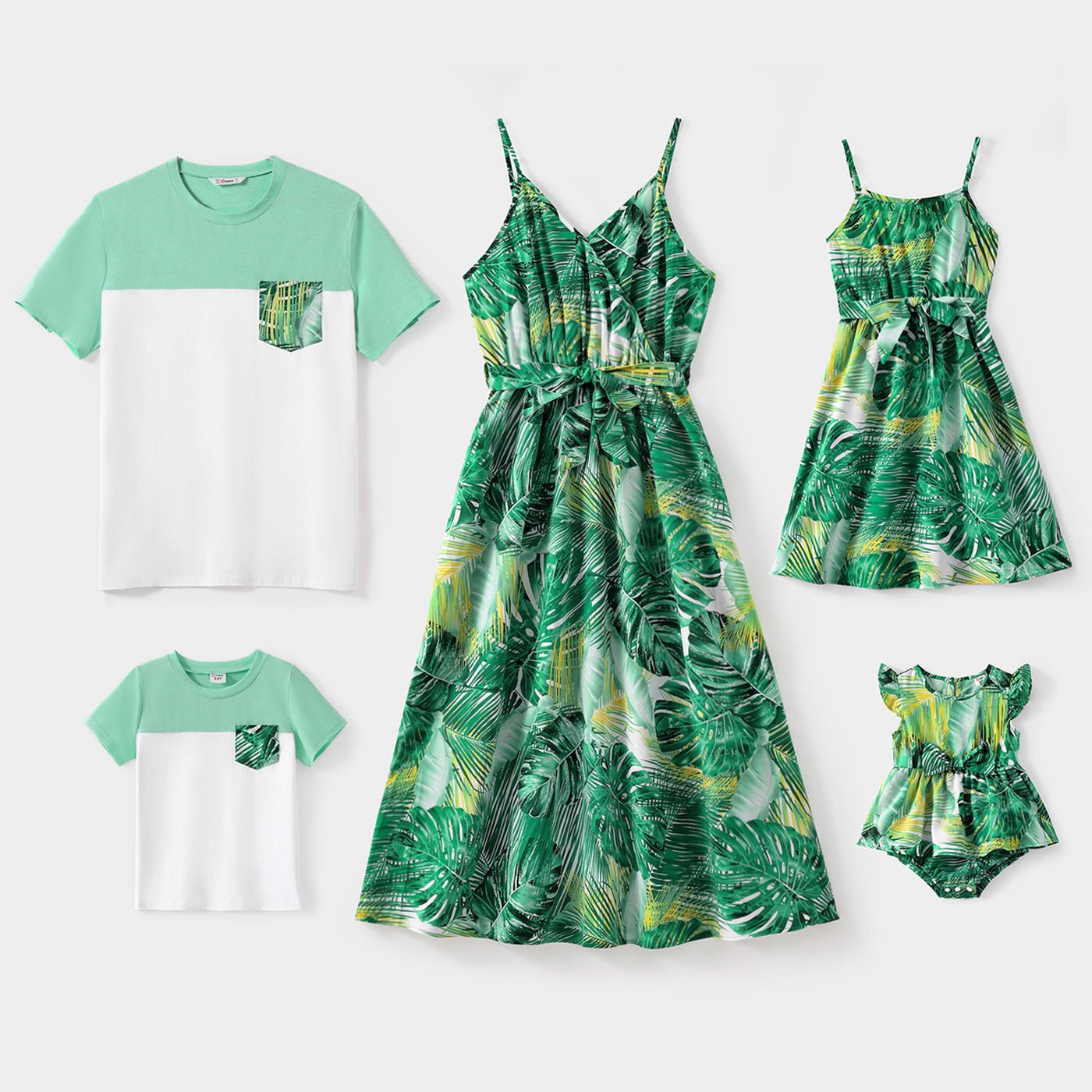Family Matching Allover Green Plant Print Belted Cami Dresses and Short-sleeve Colorblock T-shirts Sets - 20581628
