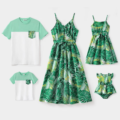 Family Matching Allover Green Plant Print Belted Cami Dresses and Short-sleeve Colorblock T-shirts Sets - 20581628