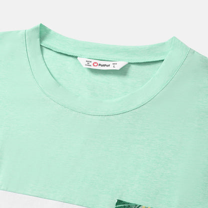 Family Matching Allover Green Plant Print Belted Cami Dresses and Short-sleeve Colorblock T-shirts Sets - 20581628