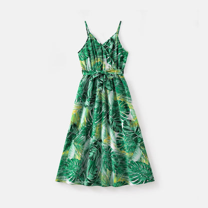 Family Matching Allover Green Plant Print Belted Cami Dresses and Short-sleeve Colorblock T-shirts Sets - 20581628