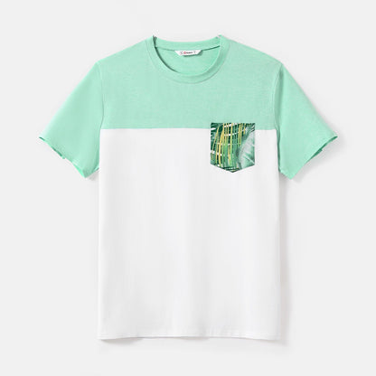 Family Matching Allover Green Plant Print Belted Cami Dresses and Short-sleeve Colorblock T-shirts Sets - 20581628