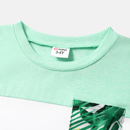 Family Matching Allover Green Plant Print Belted Cami Dresses and Short-sleeve Colorblock T-shirts Sets - 20581628