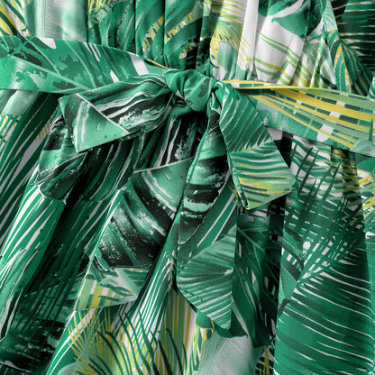 Family Matching Allover Green Plant Print Belted Cami Dresses and Short-sleeve Colorblock T-shirts Sets - 20581628