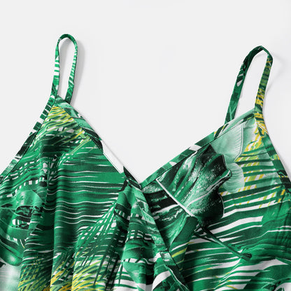 Family Matching Allover Green Plant Print Belted Cami Dresses and Short-sleeve Colorblock T-shirts Sets - 20581628
