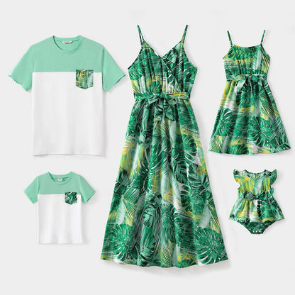 Family Matching Allover Green Plant Print Belted Cami Dresses and Short-sleeve Colorblock T-shirts Sets - 20581628