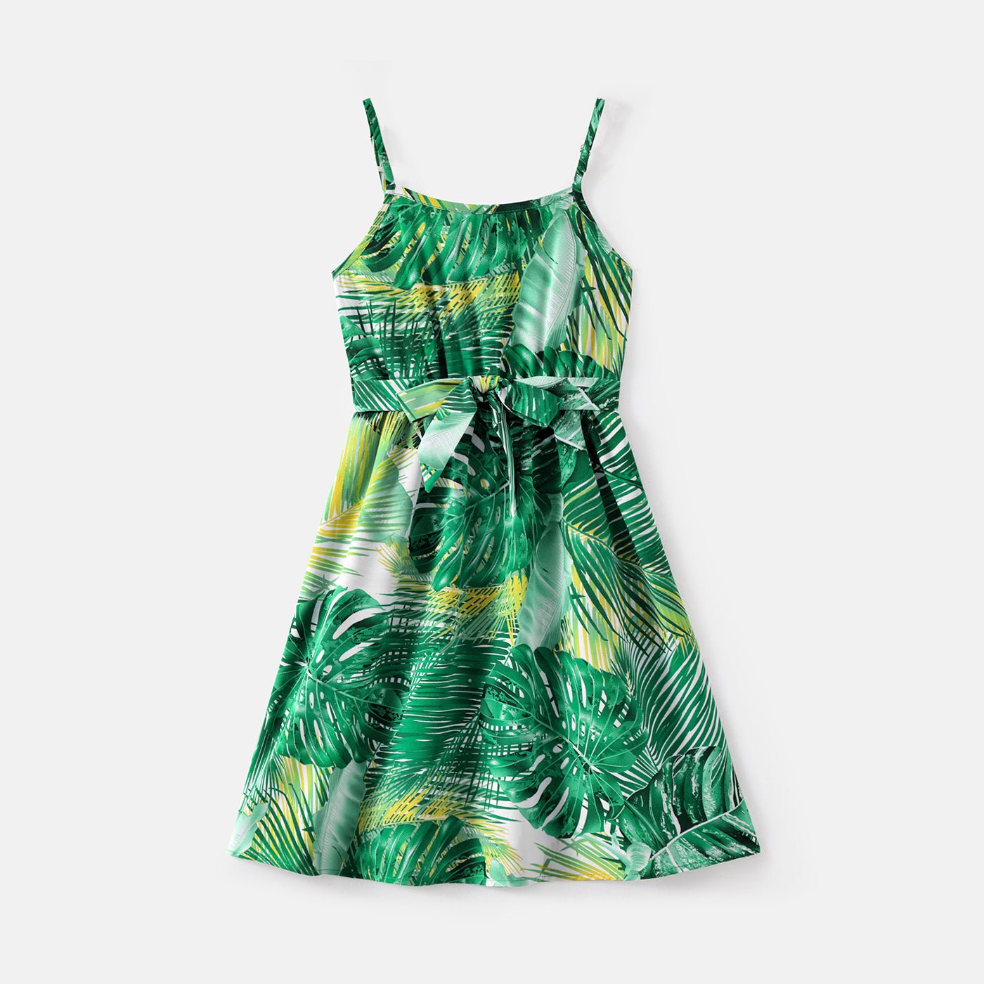 Family Matching Allover Green Plant Print Belted Cami Dresses and Short-sleeve Colorblock T-shirts Sets - 20581628