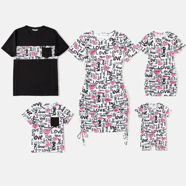 Family Matching Allover Heart & Letter Print Drawstring Ruched Bodycon Dresses and Short-sleeve T-shirts Sets - 20537106