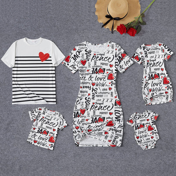 Family Matching Allover Heart & Letter Print Twist Knot Bodycon Dresses and Short-sleeve Striped T-shirts Sets - 20537931