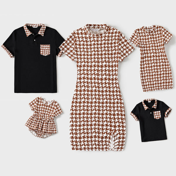 Family Matching Allover Houndstooth Print Round Neck Dresses And Short Sleeve Shirts Sets - 20683309