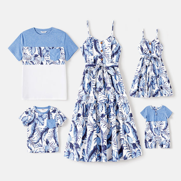 Family Matching Allover Leaf Print Naia? Cami Dresses and Short-sleeve Colorblock T-shirts Sets - 20568480