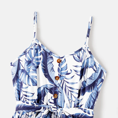 Family Matching Allover Leaf Print Naia? Cami Dresses and Short-sleeve Colorblock T-shirts Sets - 20568480
