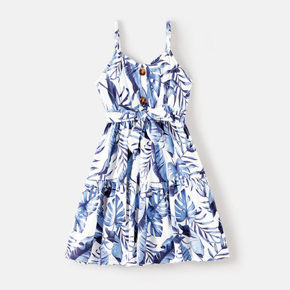 Family Matching Allover Leaf Print Naia? Cami Dresses and Short-sleeve Colorblock T-shirts Sets - 20568480