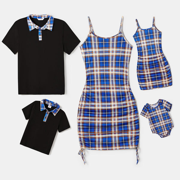 Family Matching Allover Plaid Print Drawstring Ruched Bodycon Cami Dresses and Short-sleeve Plaid T-shirts Sets - 20693806