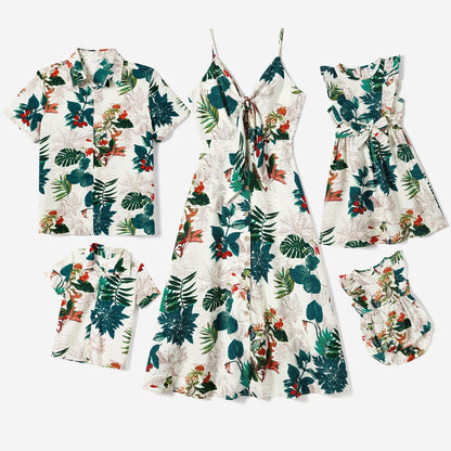 Family Matching Allover Plant Floral Print Dresses and Short-sleeve Shirts Sets - 20642447
