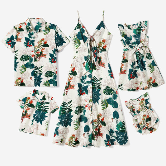 Family Matching Allover Plant Floral Print Dresses and Short-sleeve Shirts Sets - 20642447