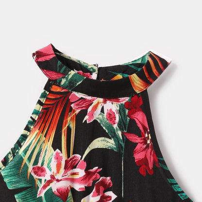 Family Matching Allover Plant Floral Print Halterneck Dresses and Short-sleeve Shirts Sets - 20648036