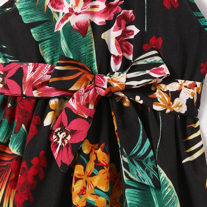 Family Matching Allover Plant Floral Print Halterneck Dresses and Short-sleeve Shirts Sets - 20648036