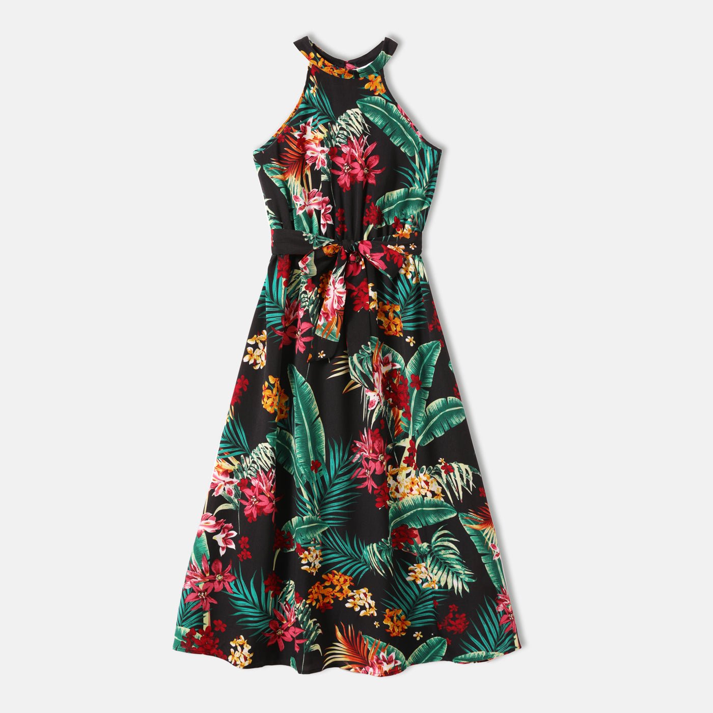 Family Matching Allover Plant Floral Print Halterneck Dresses and Short-sleeve Shirts Sets - 20648036