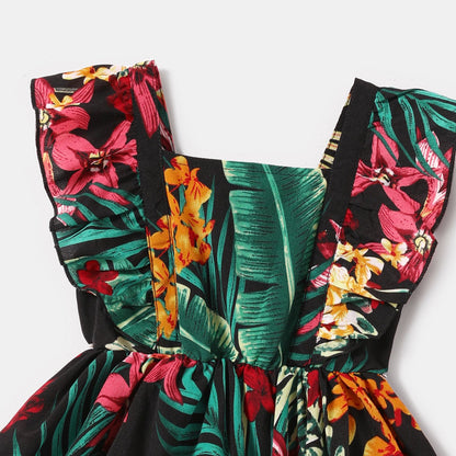 Family Matching Allover Plant Floral Print Halterneck Dresses and Short-sleeve Shirts Sets - 20648036