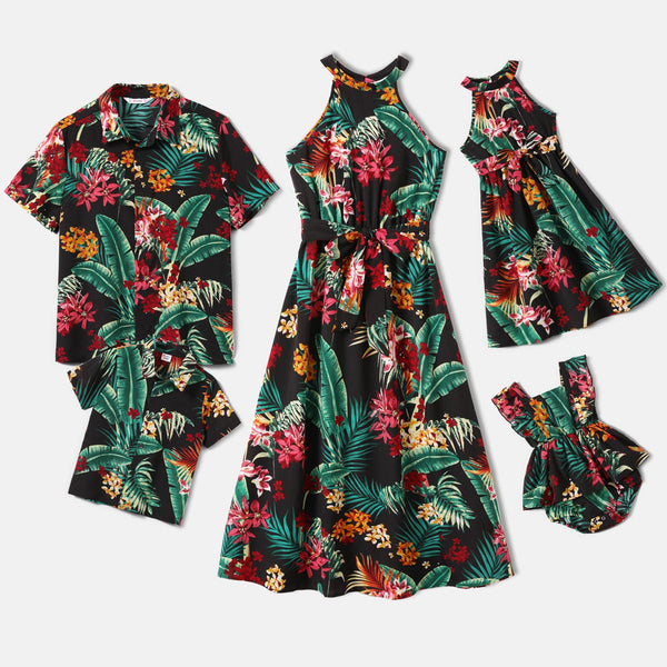 Family Matching Allover Plant Floral Print Halterneck Dresses and Short-sleeve Shirts Sets - 20648036