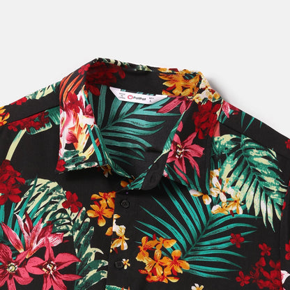 Family Matching Allover Plant Floral Print Halterneck Dresses and Short-sleeve Shirts Sets - 20648036
