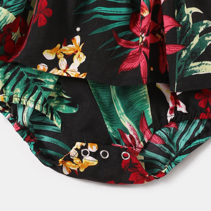 Family Matching Allover Plant Floral Print Halterneck Dresses and Short-sleeve Shirts Sets - 20648036