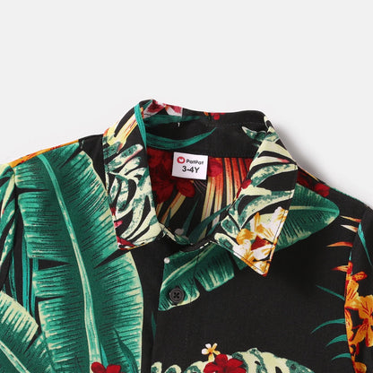 Family Matching Allover Plant Floral Print Halterneck Dresses and Short-sleeve Shirts Sets - 20648036