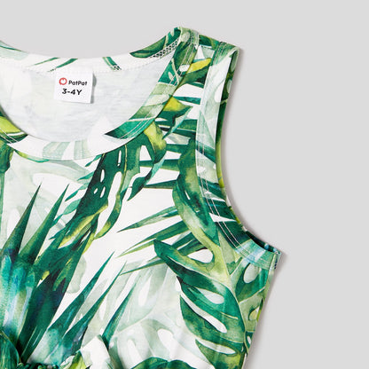 Family Matching Allover Plant Print Belted Tank Dresses and Short-sleeve T-shirts Sets - 20656107