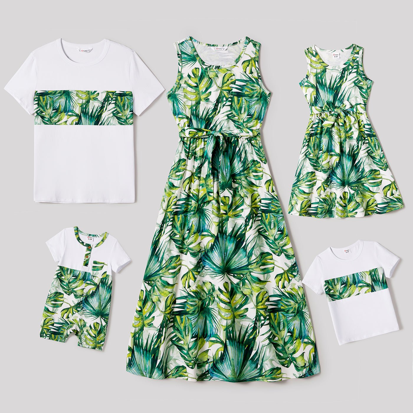 Family Matching Allover Plant Print Belted Tank Dresses and Short-sleeve T-shirts Sets - 20656107
