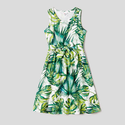 Family Matching Allover Plant Print Belted Tank Dresses and Short-sleeve T-shirts Sets - 20656107