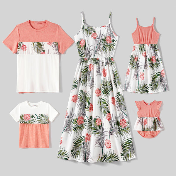 Family Matching Allover Plant Print Cami Dresses and Short-sleeve Colorblock Spliced T-shirts Sets - 20581442