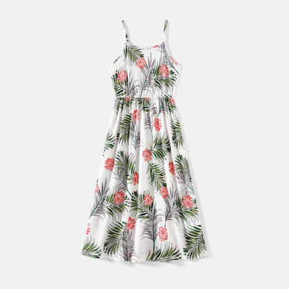 Family Matching Allover Plant Print Cami Dresses and Short-sleeve Colorblock Spliced T-shirts Sets - 20581442