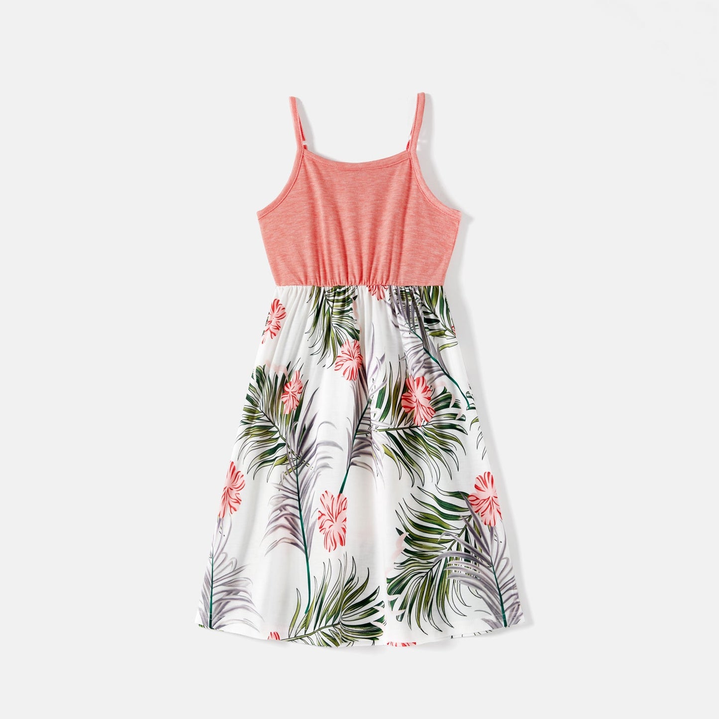 Family Matching Allover Plant Print Cami Dresses and Short-sleeve Colorblock Spliced T-shirts Sets - 20581442