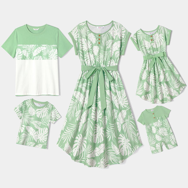 Family Matching Allover Plant Print Curved Hem Belted Dresses and Short-sleeve T-shirts Sets - 20665197