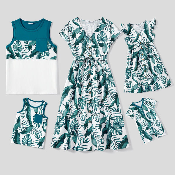 Family Matching Allover Plant Print Short-sleeve Belted Dresses and Patch Pocket Tank Tops Sets - 20639461