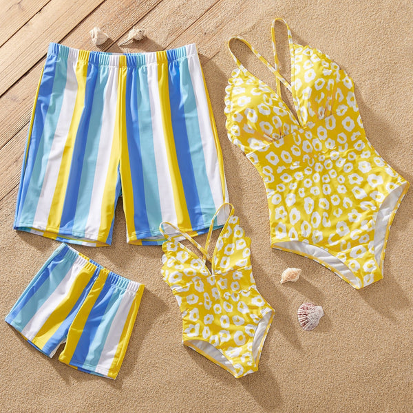 Family Matching Allover Print Scallop Trim One Piece Swimsuit or Striped Swim Trunks Shorts - 20656037