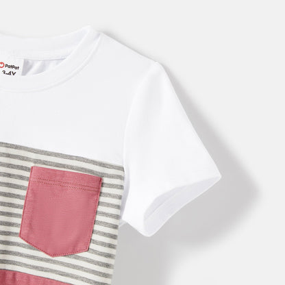 Family Matching Allover Print Strappy Dresses and Short-sleeve Striped Colorblock T-shirts Sets - 20615859