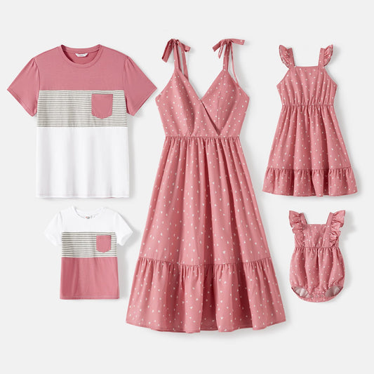 Family Matching Allover Print Strappy Dresses and Short-sleeve Striped Colorblock T-shirts Sets - 20615859