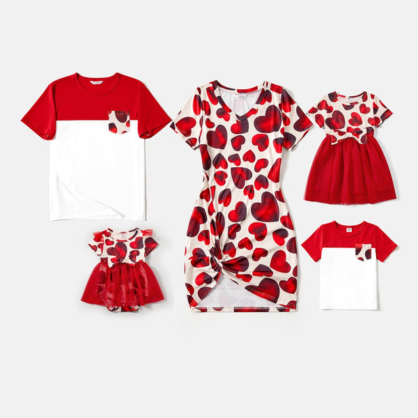 Family Matching Allover Red Heart Print Twist Knot Bodycon Dresses and Short-sleeve Colorblock T-shirts Sets - 20545962
